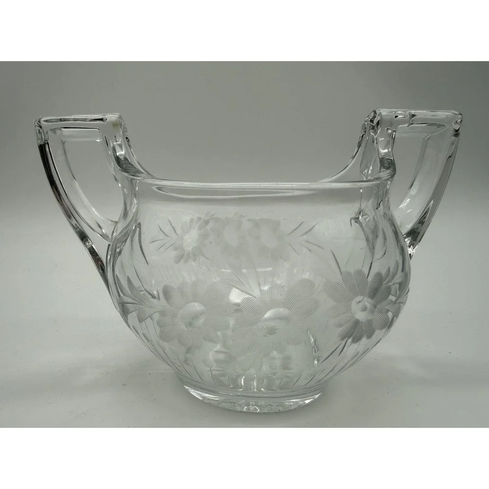 Vintage Heisey Crystal Glass Open Sugar Bowl Etched Floral Design 1930's